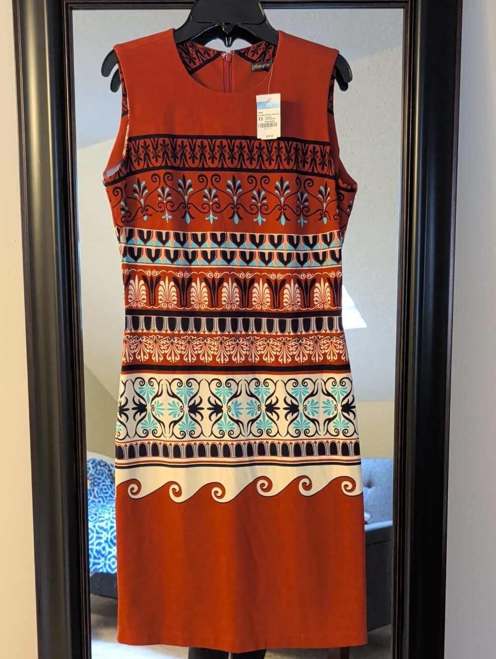 J. McLaughlin Rust and Turquoise Patterned Sleeveless Sheath Dress XS